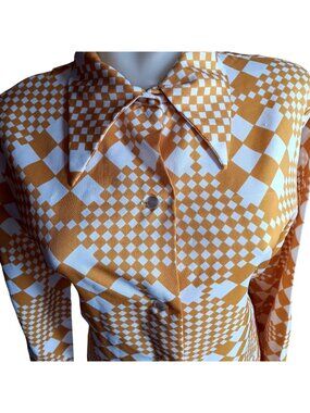 True Vintage 70's Top Blouse Barco Mod Checkered Golden Button-Up Big Collar